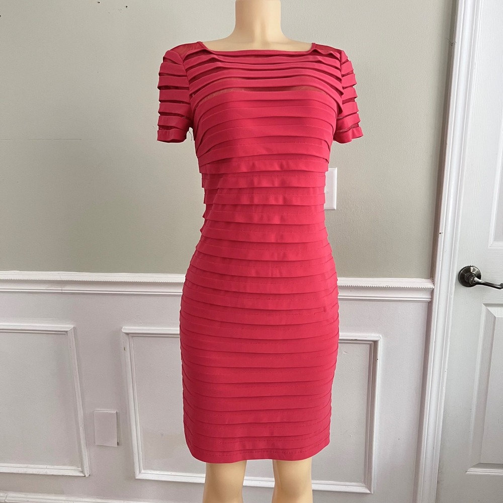 Adrianna Papell Sheath Dress Womens 6 Tiered Mesh Illusion Raspberry Pink‎ Party